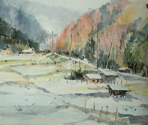 宇治田原:ここは雪景色の美しい所で、何度も描きました。